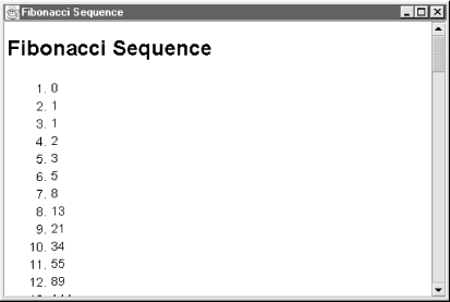 The Fibonacci sequence displayed as HTML using a JEditorPane