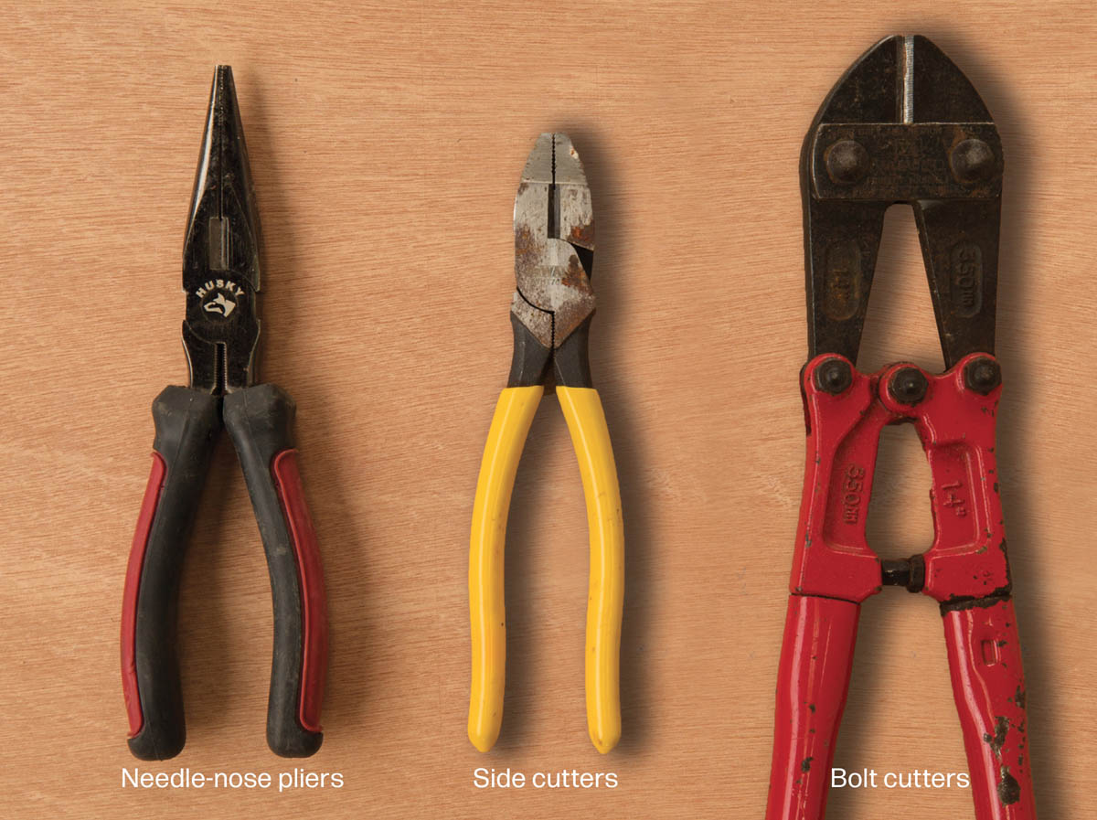 Needle-nose pliers, side cutters, and bolt cutters.