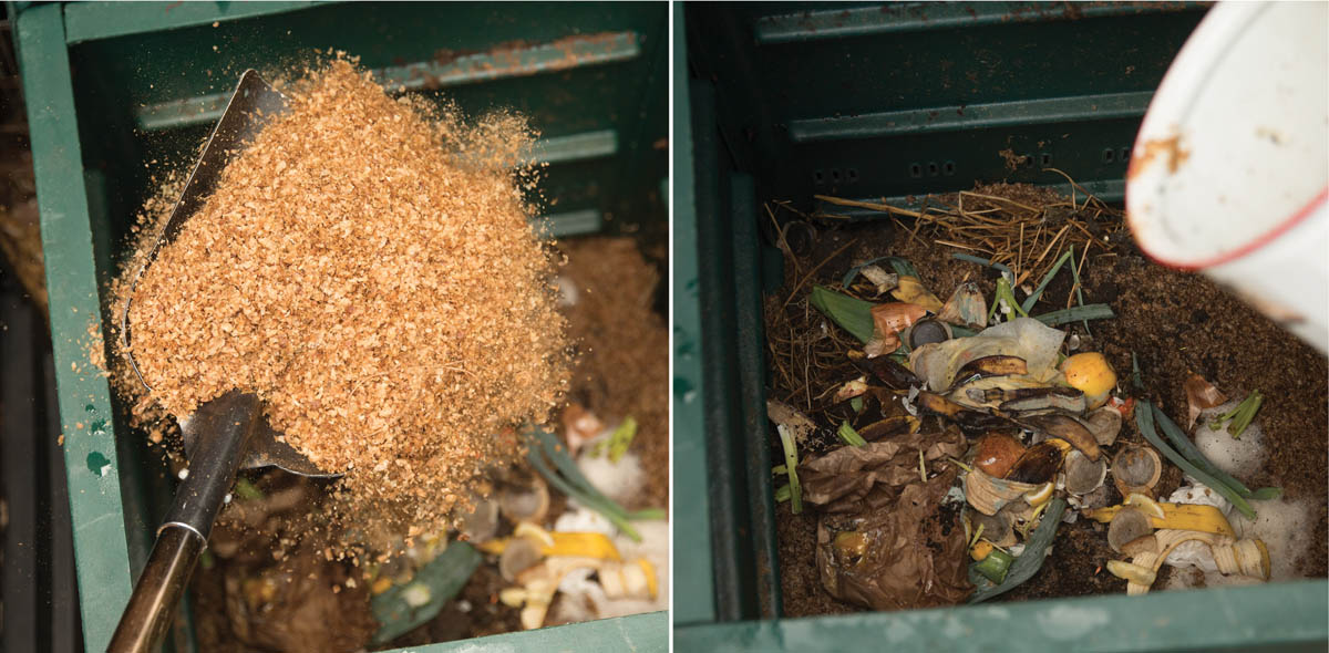 Shoveling the old bedding into the food compost bin.