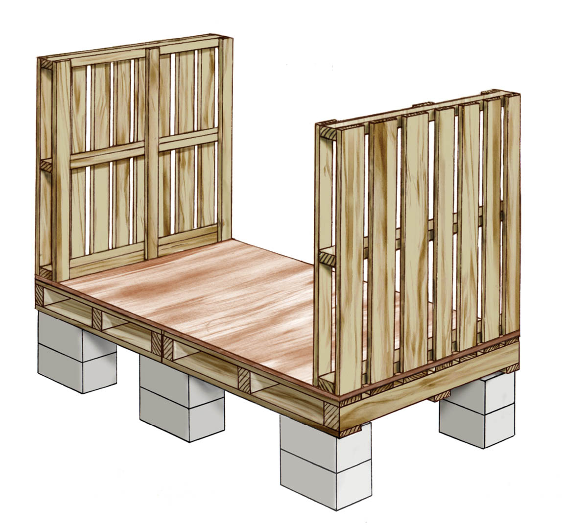 An illustration of the placement of wood pallets for walls.