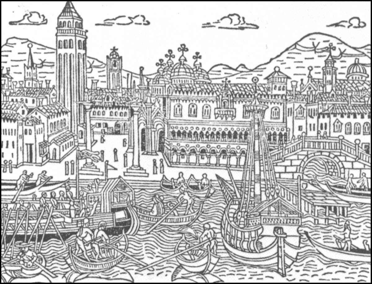 Anonimo: veduta prospettica parziale della città; xilografia, 1490.