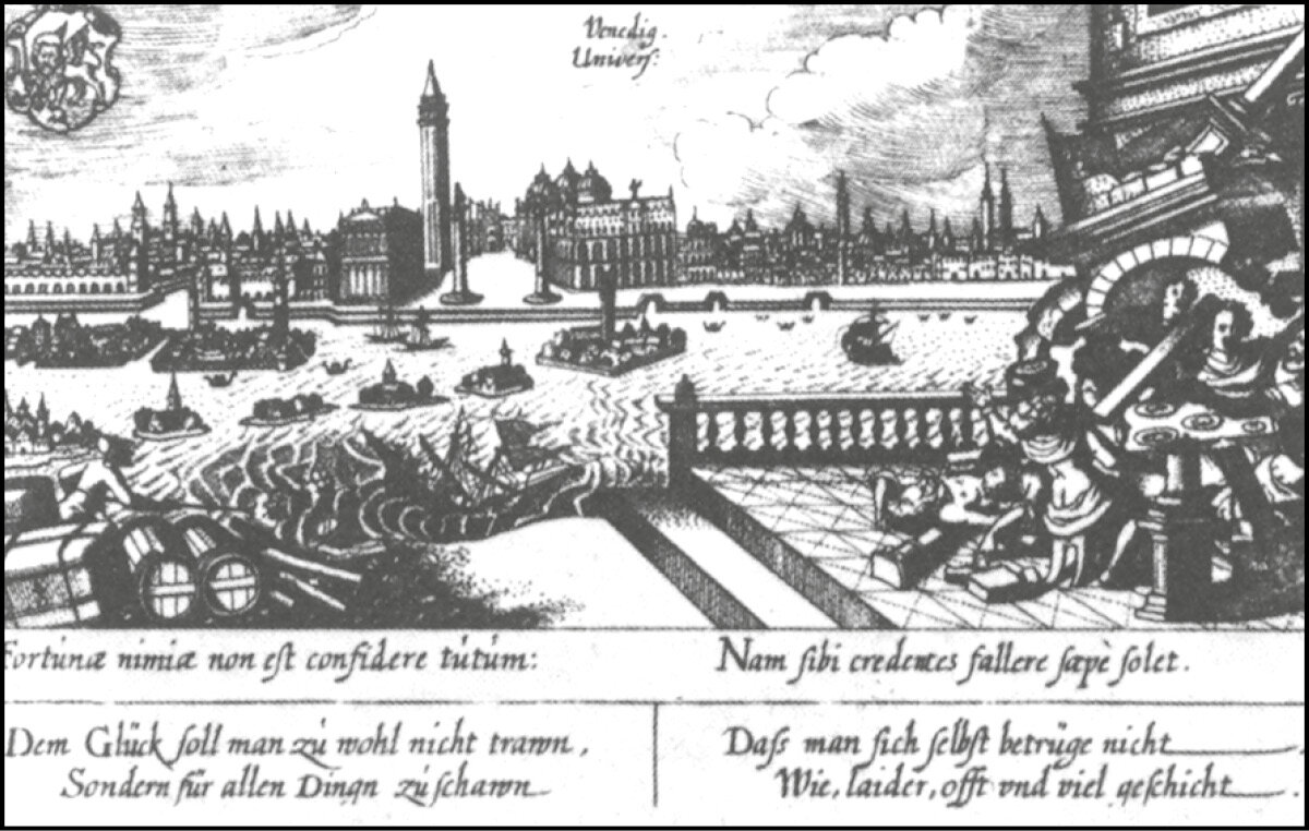 Anonimo: veduta prospettica della città; iscrizione in latino e in tedesco – « Fortunae nimiae non est confidere tutum »; incisione in rame, 1637.