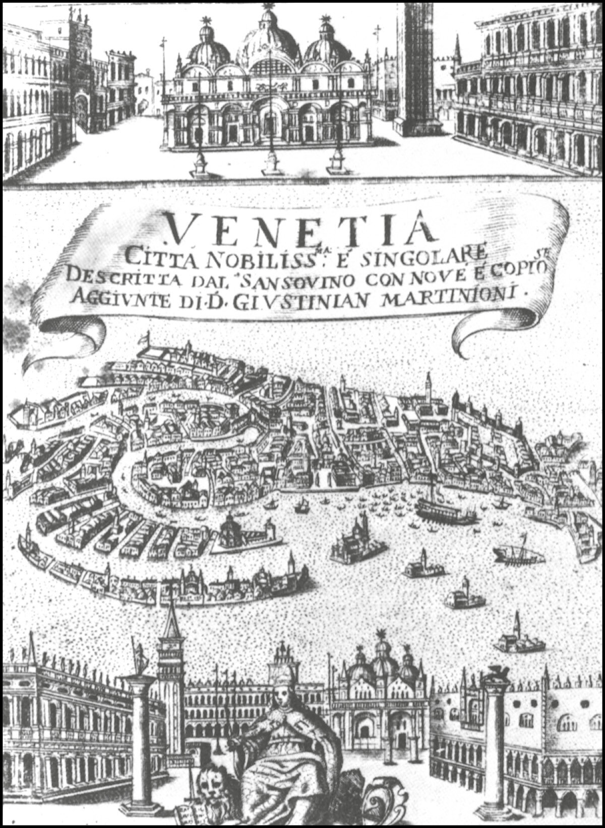 Anonimo: pianta prospettica della città (raffigurazioni prospettiche della Basilica della Salute, delle isole della Giudecca, di San Giorgio Maggiore, di Santa Maria della Grazie, di San Clemente, di Santo Spirito); iscrizione – « VENETIA Città nobilis(sima) e singolare» ...; xilografia, 1633.