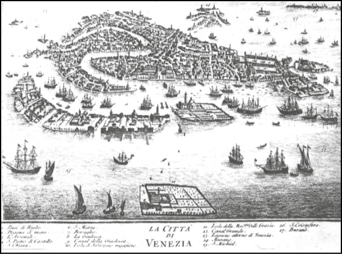 Anonimo: pianta prospettica della città; iscrizione – « LA CITTÀ DI VENEZIA »; incisione in rame, 1740.