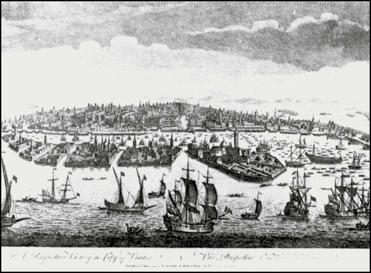 Anonimo: pianta-veduta della città; iscrizione – « A perspective View of the City of Venice »; incisione in rame, 1794.