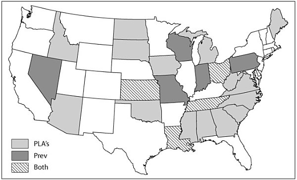 FIGURE 2.4. Restrictions on prevailing wage and project labor agreements, 2011–15 (light, PLAs; dark, prevailing wage; striped, both).