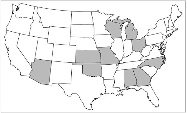 FIGURE 5.1. Legislation restricting union dues collection or political activity, 2011–15. Arizona, Missouri, and Ohio laws were vetoed or overturned.