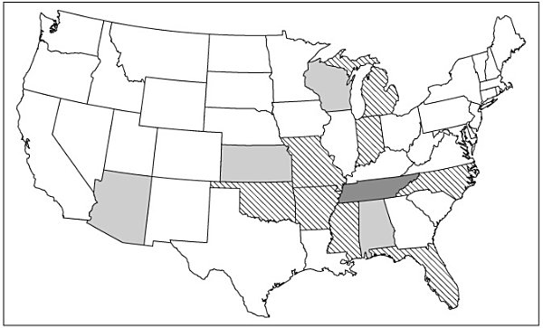 FIGURE C.1. State laws adopted 2011–15 preempting local minimum wage or sick leave ordinances. (Dark preempts minimum wage only; light preempts sick leave only; striped preempts both.)