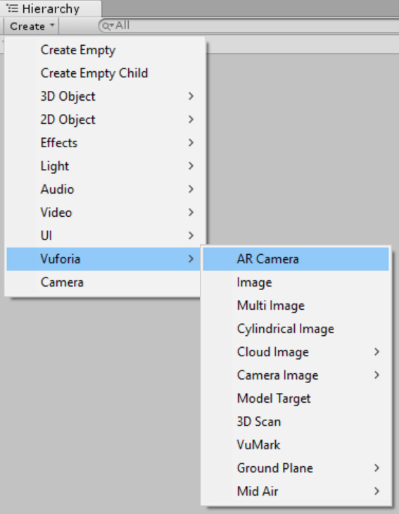 A screenshot showing the Hierarchy with the Create menu expanded. Vuforia is selected in the Create menu and AR Camera is selected in the Vuforia submenu.