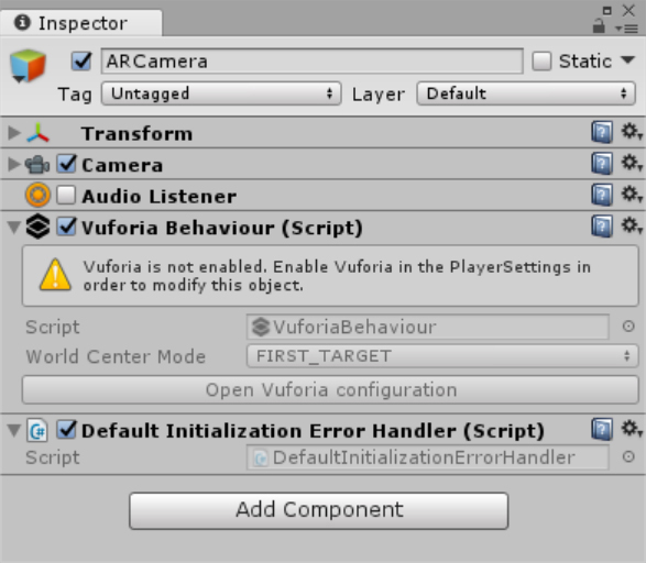 A screenshot showing the ARCamera Inspector with the Vuforia Behaviour and Default Initialization Error Handler sections expanded.