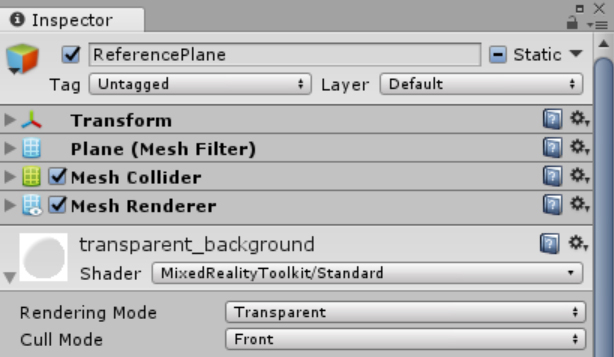 A screenshot showing the ReferencePlane Inspector. Only the transparent_background group is expanded. The Rendering Mode and Cull Mode settings are set to Transparent and Front, respectively.