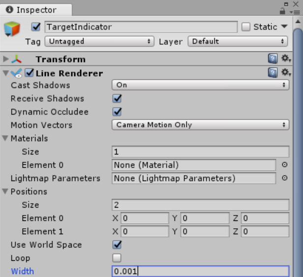 A screenshot showing the TargetIndicator Inspector with the LineRenderer settings shown.