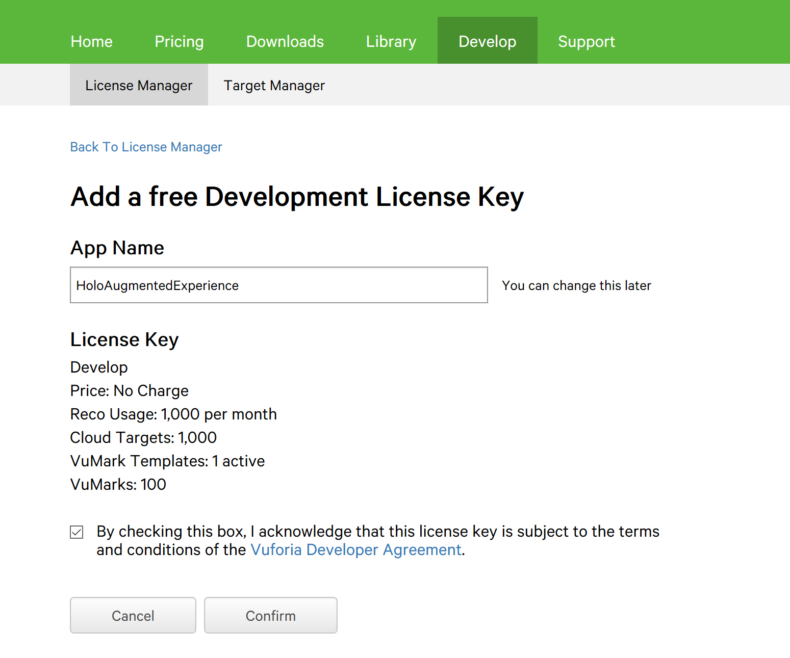 A screenshot showing the Add a Free Development License Key page.