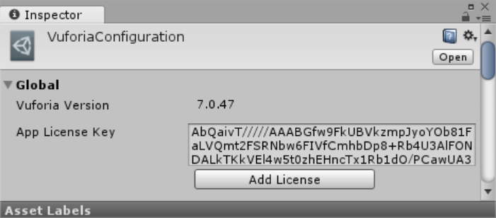 A screenshot showing the VuforiaConfiguration group in the Inspector, which is used to set up the Development License Key.