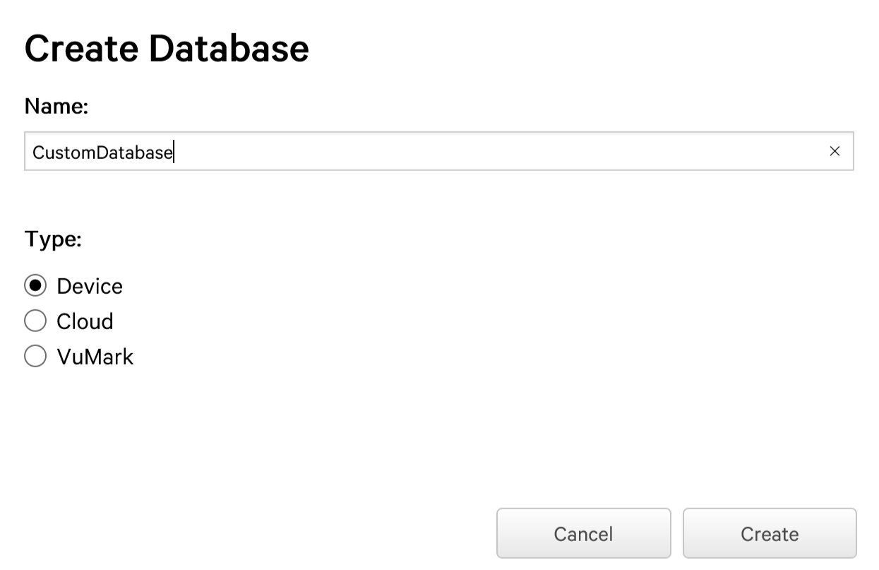 A screenshot showing the Create Database dialog box in the Vuforia Developer Portal.