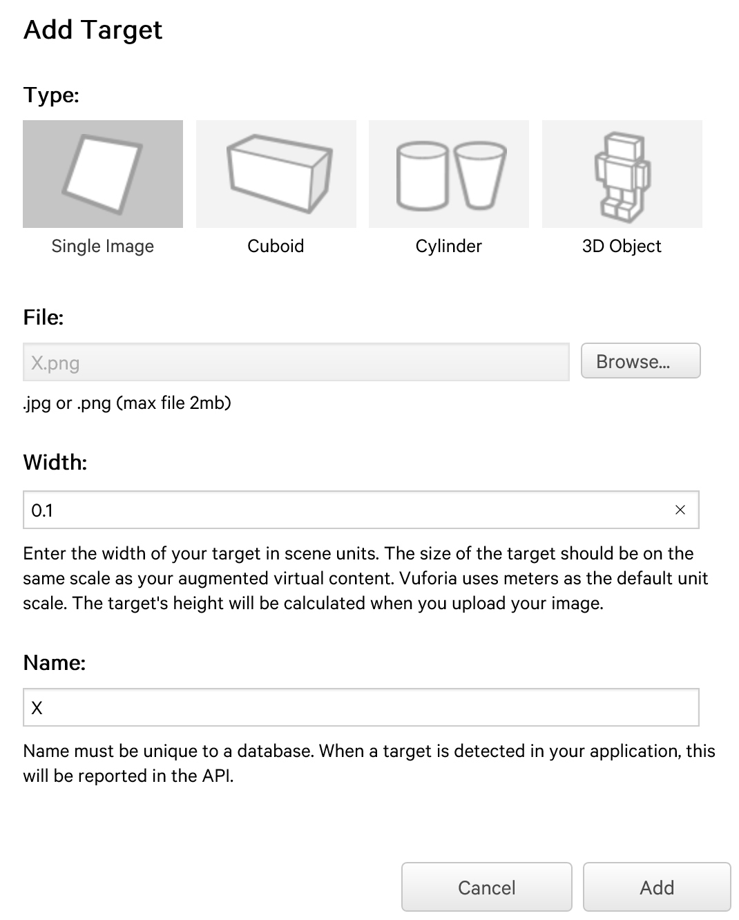 The Add Target dialog box. Here, the target type is set to Single Image, the file path is set to X.png, the width to 0.1, and the name to X.