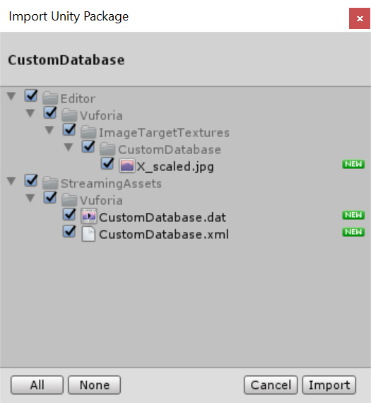 A screenshot showing the Import Unity Package dialog box with the CustomDatabase database and all its components selected for import.