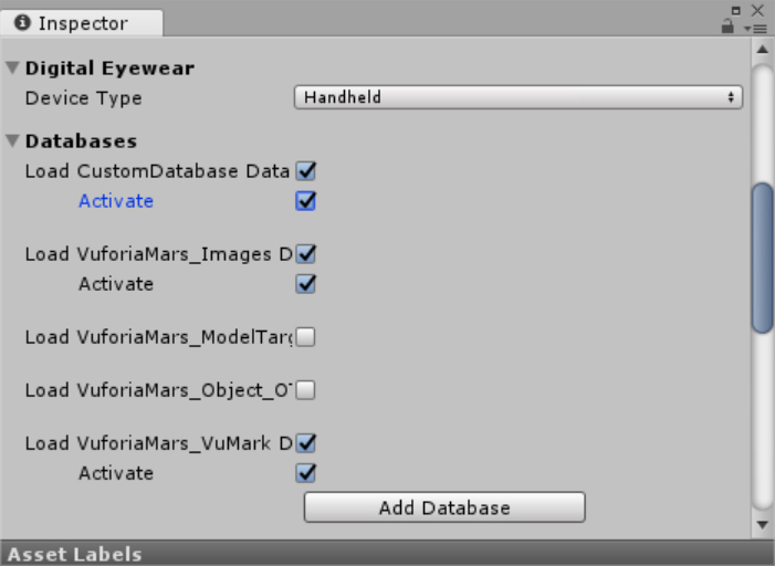 A screenshot showing Digital Eyewear and Databases groups of the Vuforia configuration