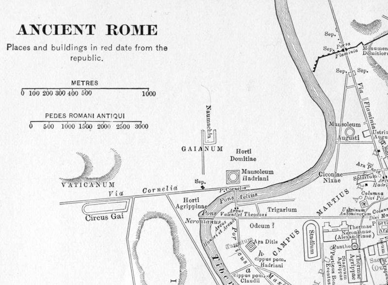 Topografia dei monumenti dell’antica Roma: si nota la posizione del Ponte Elio e di quello di Nerone sul Tevere, gli horti Agrippinae nei pressi della via Cornelia che collega la Mole Adriana e il Circus Gai, il Circo di Caligola e Nerone. Wikimedia Commons / S.B.Platner, The Topography and Monuments of Ancient Rome, 1911.