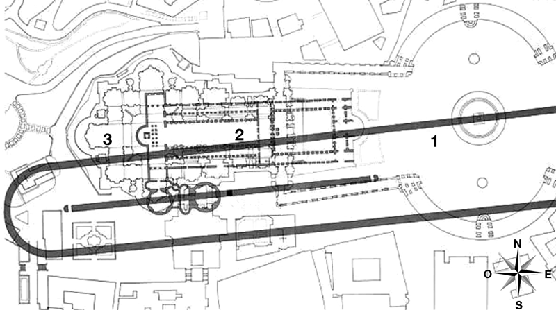 Ricostruzione planimetrica ipotetica che mostra sovrapposte le posizioni del circo (1), della basilica costantiniana (2) e della moderna San Pietro (3).