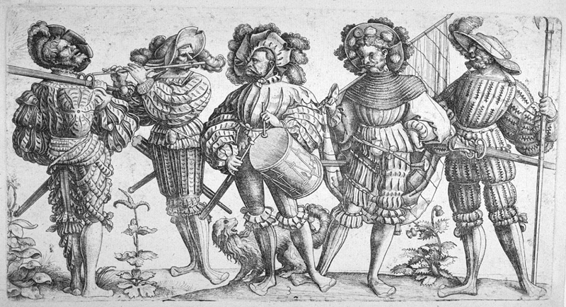 I cinque lanzichenecchi, un’acquaforte del 1530 di Daniel Hopfer che mostra i costumi elaborati che caratterizzavano i mercenari tedeschi.