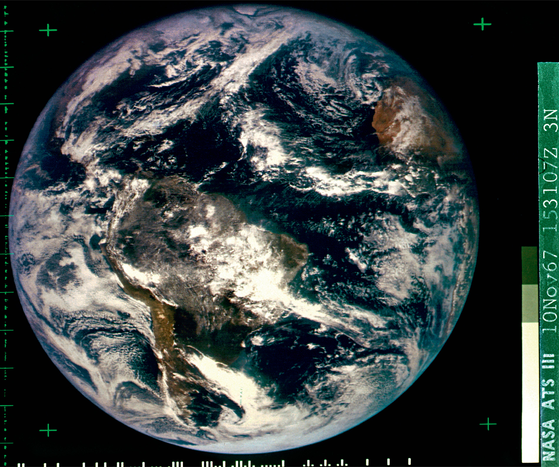 In 1967, the first colour photograph of the whole Earth was taken by NASA’s ATS-3 satellite from 35,800 kilometres above the Earth’s surface. It shows the western hemisphere with South America in the foreground. © NASA/ATS-3 satellite.