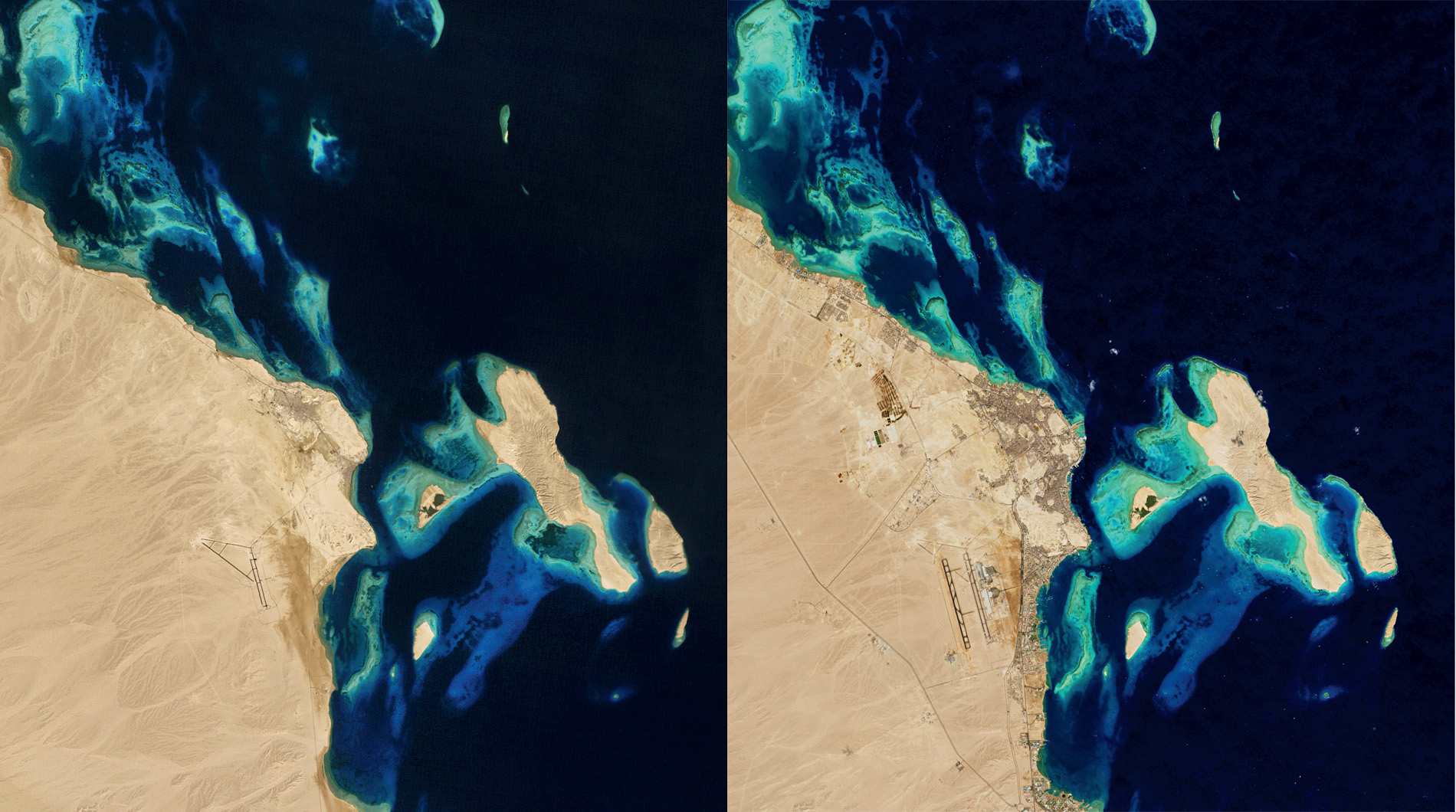 DESERT RESORT Today, Hurghada is one of Egypt’s main tourist centres. It was little more than a small fishing village in the early 20th century, but it began to grow in the 1980s (left) and by 2014 (right) it had become the leading coastal resort on the Red Sea. © NASA Earth Observatory images by Jesse Allen and Adam Voiland, using Landsat data from the US Geological Survey.