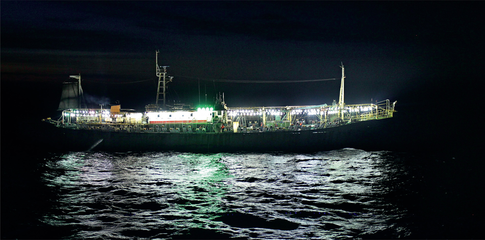 Squid fishing boats are illuminated by row upon row of high-powered green lights. They attract fish to the surface, but they are not the targets of the fishing boats. The squid that follow them are, and boats illegally enter Argentina’s territorial waters to catch them.