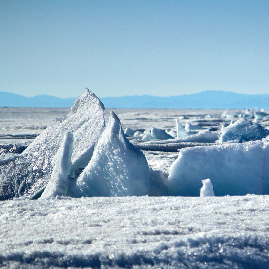 The great slabs of ice, known as ‘ice sharks’, push up from the lake’s frozen surface. They get their name from the way iceboats, snowmobiles and skaters are brought to an abrupt halt by the shark-fin-shaped pressure ridges in the ice.