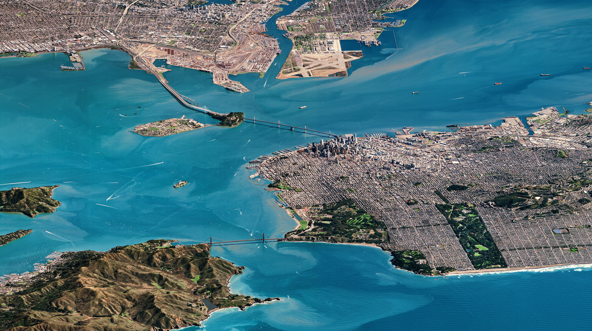 Digital Global’s WorldView-3 satellite shows San Francisco as it’s never been seen before. Taken at an extreme angle, rather than straight down, the satellite’s CAVIS sensor suite filters out any haze that would otherwise obscure the view. The satellite itself is looking eastwards and is more than 1,300 kilometres away from the city, high over the Pacific Ocean. Satellite imagery courtesy of © 2018 DigitalGlobe, a Maxar company