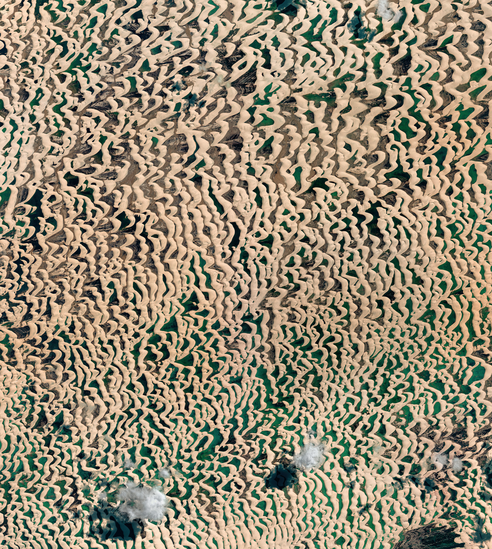 The corrugated surface of Lençóis Maranhenses and the plants and animals living there are protected as a national park. © 2018, Deimos Imaging SLU, an UrtheCast Company.