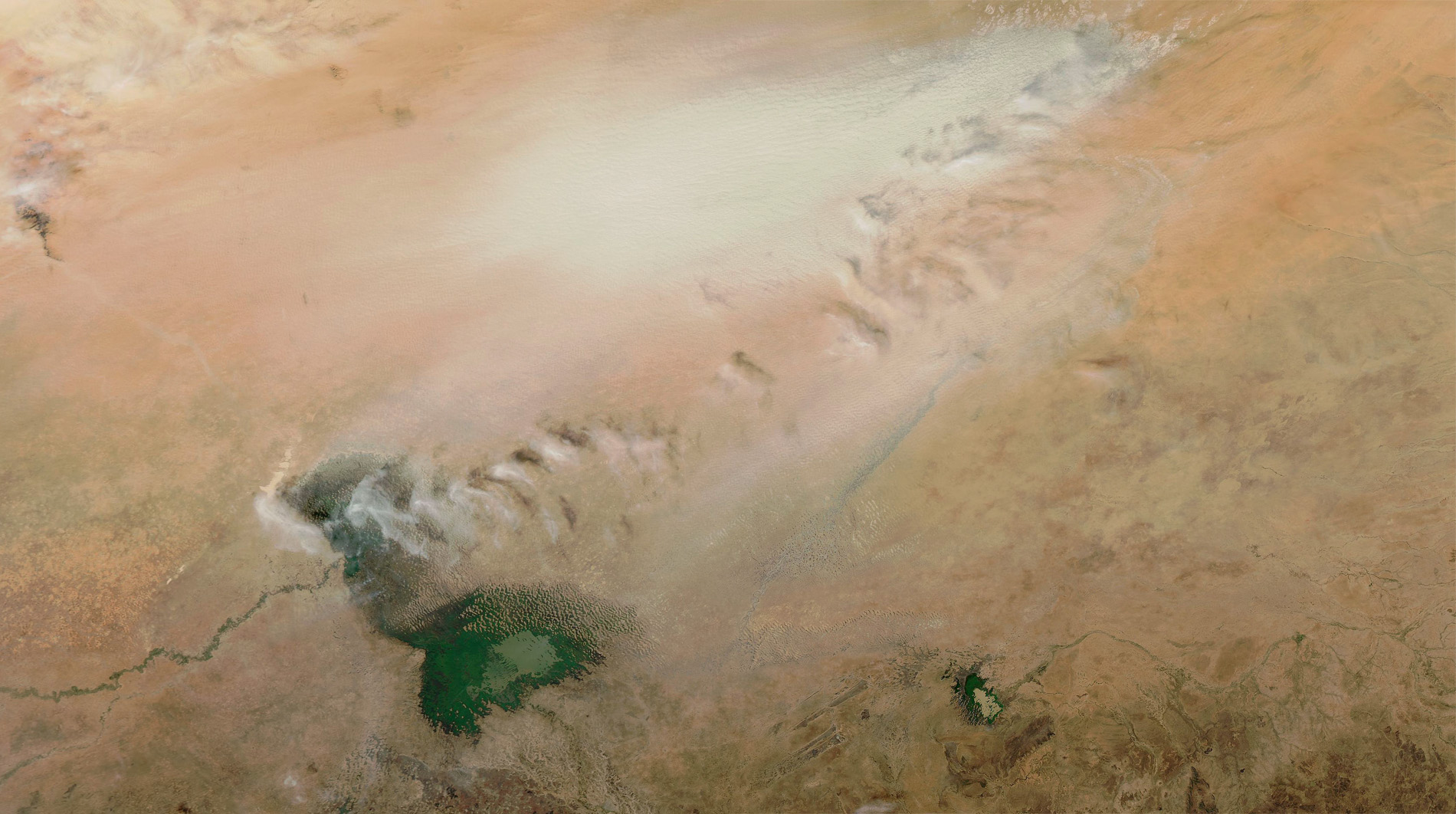 DUST BASIN A NASA satellite views Africa’s Bodélé Depression. The remains of Lake Chad can be seen tinged green bottom-left. Prolonged drought and increased water use reduced the lake, once the sixth largest in the world, from 25,000 square kilometres to 2,000 today. Much of its open water has been replaced by green wetlands. To the northwest vast diagonal scars on the desert show how hot winds, blasting through the ‘wind tunnel’ between the Ennedi and Tibesti mountains, sweep up the dust of the Bodélé Depression and carry it away. © NASA