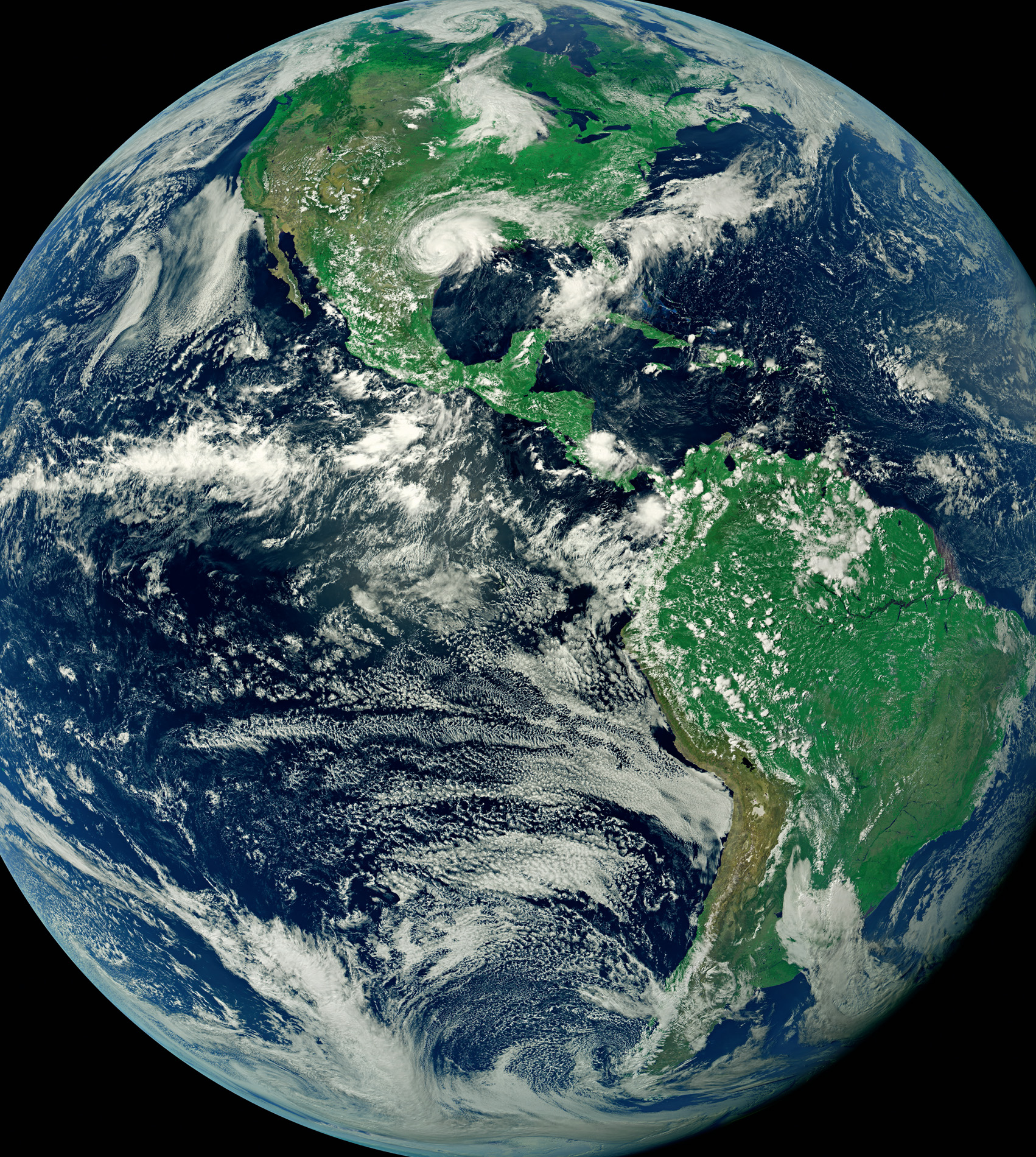 NOAA’s GOES-16 weather satellite takes a full image of the Earth every 15 minutes. By combining images it’s possible to see weather systems swirl across the planet and watch events as they unfold. Here, category 4 Hurricane Harvey makes landfall on the coast of Texas. The tightly packed spiral of cloud towards the top and centre of the picture is the hurricane. © NOAA