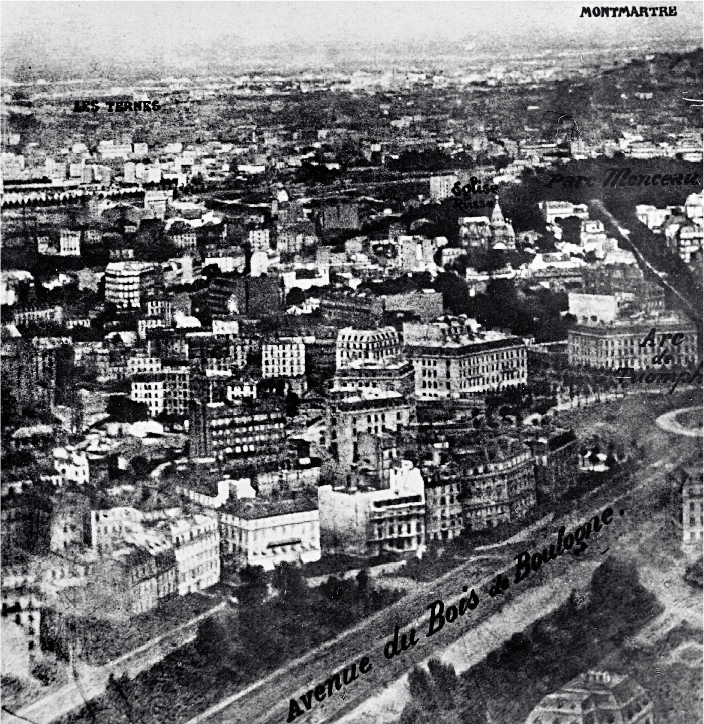 The earliest known picture from a balloon was of Paris, taken by Nadar in 1858. ‘Montmartre’ is conveniently labelled top right corner, as is the ‘Avenue du Bois de Boulogne’ at the bottom.