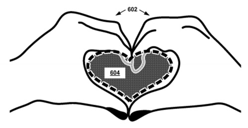 A gesture forming the symbol of a “heart” for “liking” something in the visual field of Google Glass (from Google’s 2013 patent)