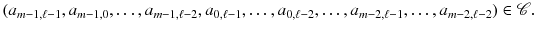 $$ (a_{m-1,\ell -1},a_{m-1,0},\dots ,a_{m-1,\ell -2},a_{0,\ell -1},\dots ,a_{0,\ell -2},\dots ,a_{m-2,\ell -1},\dots ,a_{m-2,\ell -2})\in \mathscr {C}. $$