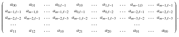 $$\begin{aligned} \left( \begin{array}{cccccccccccc} a_{00}&{}a_{01}&{}\dots &{}a_{0,\ell -1}&{}a_{10}&{}\dots &{}a_{1,\ell -1}&{}\dots &{}a_{m-1,0}&{}\dots &{}a_{m-1,\ell -1}\\ a_{m-1,\ell -1}&{}a_{m-1,0}&{}\dots &{}a_{m-1,\ell -2}&{}a_{0,\ell -1}&{}\dots &{}a_{0,\ell -2}&{}\dots &{}a_{m-2,\ell -1}&{}\dots &{}a_{m-2,\ell -2}\\ a_{m-2,\ell -2}&{}a_{m-2,\ell -1}&{}\dots &{}a_{m-2,\ell -3}&{}a_{m-1,\ell -2}&{}\dots &{}a_{m-1,\ell -3}&{}\dots &{}a_{m-3,\ell -2}&{}\dots &{}a_{m-3,\ell -3}\\ \dots &{} &{}\dots &{} &{} &{}\dots &{} &{} &{}\dots &{} &{} \\ a_{11}&{}a_{12}&{}\dots &{}a_{10}&{}a_{21}&{}\dots &{}a_{20}&{}\dots &{}a_{01}&{}\dots &{}a_{00} \end{array}\right) . \end{aligned}$$