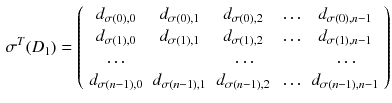 $$\begin{aligned} \sigma ^T(D_1)=\left( \begin{array}{ccccc} d_{\sigma (0),0}&{}d_{\sigma (0),1}&{}d_{\sigma (0),2}&{}\dots &{}d_{\sigma (0),n-1}\\ d_{\sigma (1),0}&{}d_{\sigma (1),1}&{}d_{\sigma (1),2}&{}\dots &{}d_{\sigma (1),n-1}\\ \dots &{} &{}\dots &{} &{}\dots \\ d_{\sigma (n-1),0}&{}d_{\sigma (n-1),1}&{}d_{\sigma (n-1),2}&{}\dots &{}d_{\sigma (n-1),n-1} \end{array}\right) \end{aligned}$$