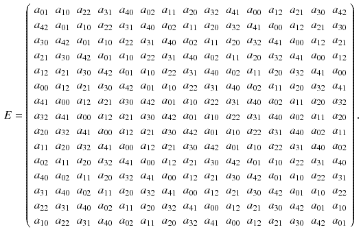 $$\begin{aligned} E=\left( \begin{array}{ccccccccccccccc} a_{01}&{}a_{10}&{}a_{22}&{}a_{31}&{}a_{40}&{}a_{02}&{}a_{11}&{}a_{20}&{}a_{32}&{}a_{41}&{}a_{00}&{}a_{12}&{}a_{21}&{}a_{30}&{}a_{42}\\ a_{42}&{}a_{01}&{}a_{10}&{}a_{22}&{}a_{31}&{}a_{40}&{}a_{02}&{}a_{11}&{}a_{20}&{}a_{32}&{}a_{41}&{}a_{00}&{}a_{12}&{}a_{21}&{}a_{30}\\ a_{30}&{}a_{42}&{}a_{01}&{}a_{10}&{}a_{22}&{}a_{31}&{}a_{40}&{}a_{02}&{}a_{11}&{}a_{20}&{}a_{32}&{}a_{41}&{}a_{00}&{}a_{12}&{}a_{21}\\ a_{21}&{}a_{30}&{}a_{42}&{}a_{01}&{}a_{10}&{}a_{22}&{}a_{31}&{}a_{40}&{}a_{02}&{}a_{11}&{}a_{20}&{}a_{32}&{}a_{41}&{}a_{00}&{}a_{12}\\ a_{12}&{}a_{21}&{}a_{30}&{}a_{42}&{}a_{01}&{}a_{10}&{}a_{22}&{}a_{31}&{}a_{40}&{}a_{02}&{}a_{11}&{}a_{20}&{}a_{32}&{}a_{41}&{}a_{00}\\ a_{00}&{}a_{12}&{}a_{21}&{}a_{30}&{}a_{42}&{}a_{01}&{}a_{10}&{}a_{22}&{}a_{31}&{}a_{40}&{}a_{02}&{}a_{11}&{}a_{20}&{}a_{32}&{}a_{41}\\ a_{41}&{}a_{00}&{}a_{12}&{}a_{21}&{}a_{30}&{}a_{42}&{}a_{01}&{}a_{10}&{}a_{22}&{}a_{31}&{}a_{40}&{}a_{02}&{}a_{11}&{}a_{20}&{}a_{32}\\ a_{32}&{}a_{41}&{}a_{00}&{}a_{12}&{}a_{21}&{}a_{30}&{}a_{42}&{}a_{01}&{}a_{10}&{}a_{22}&{}a_{31}&{}a_{40}&{}a_{02}&{}a_{11}&{}a_{20}\\ a_{20}&{}a_{32}&{}a_{41}&{}a_{00}&{}a_{12}&{}a_{21}&{}a_{30}&{}a_{42}&{}a_{01}&{}a_{10}&{}a_{22}&{}a_{31}&{}a_{40}&{}a_{02}&{}a_{11}\\ a_{11}&{}a_{20}&{}a_{32}&{}a_{41}&{}a_{00}&{}a_{12}&{}a_{21}&{}a_{30}&{}a_{42}&{}a_{01}&{}a_{10}&{}a_{22}&{}a_{31}&{}a_{40}&{}a_{02}\\ a_{02}&{}a_{11}&{}a_{20}&{}a_{32}&{}a_{41}&{}a_{00}&{}a_{12}&{}a_{21}&{}a_{30}&{}a_{42}&{}a_{01}&{}a_{10}&{}a_{22}&{}a_{31}&{}a_{40}\\ a_{40}&{}a_{02}&{}a_{11}&{}a_{20}&{}a_{32}&{}a_{41}&{}a_{00}&{}a_{12}&{}a_{21}&{}a_{30}&{}a_{42}&{}a_{01}&{}a_{10}&{}a_{22}&{}a_{31}\\ a_{31}&{}a_{40}&{}a_{02}&{}a_{11}&{}a_{20}&{}a_{32}&{}a_{41}&{}a_{00}&{}a_{12}&{}a_{21}&{}a_{30}&{}a_{42}&{}a_{01}&{}a_{10}&{}a_{22}\\ a_{22}&{}a_{31}&{}a_{40}&{}a_{02}&{}a_{11}&{}a_{20}&{}a_{32}&{}a_{41}&{}a_{00}&{}a_{12}&{}a_{21}&{}a_{30}&{}a_{42}&{}a_{01}&{}a_{10}\\ a_{10}&{}a_{22}&{}a_{31}&{}a_{40}&{}a_{02}&{}a_{11}&{}a_{20}&{}a_{32}&{}a_{41}&{}a_{00}&{}a_{12}&{}a_{21}&{}a_{30}&{}a_{42}&{}a_{01} \end{array}\right) . \end{aligned}$$