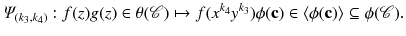 $$\varPsi _{(k_3,k_4)}:f(z)g(z)\in \theta (\mathscr {C})\mapsto f(x^{k_4}y^{k_3})\phi (\mathbf {c})\in \langle \phi (\mathbf {c})\rangle \subseteq \phi (\mathscr {C}).$$