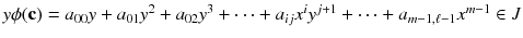 $$y\phi (\mathbf {c})=a_{00}y+a_{01}y^2+a_{02}y^3+\dots +a_{ij}x^iy^{j+1}+\cdots +a_{m-1,\ell -1}x^{m-1}\in J$$