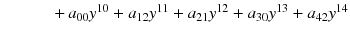 $$\ \ \ \ \ \ \ \ \ \ \ \ + \, a_{00}y^{10}+a_{12}y^{11}+a_{21}y^{12}+a_{30}y^{13}+a_{42}y^{14}$$