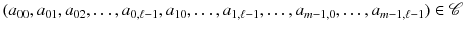 $$(a_{00},a_{01},a_{02},\dots ,a_{0,\ell -1},a_{10},\dots ,a_{1,\ell -1},\dots ,a_{m-1,0},\dots ,a_{m-1,\ell -1}) \in \mathscr {C}$$