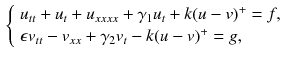 $$\begin{aligned} \left\{ \begin{array}{llllll} u_{tt} + u_{t} + u_{xxxx} + \gamma _1 u_{t} + k(u-v)^{+} = f,\\ \epsilon v_{tt} - v_{xx} +\gamma _2 v_{t} - k(u-v)^{+} = g, \end{array} \right. \end{aligned}$$