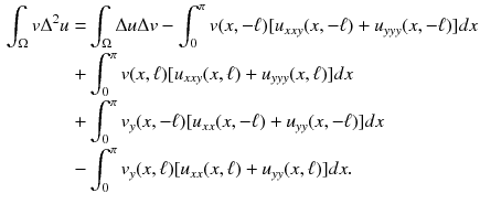 $$\begin{aligned} \int _{\Omega } v \Delta ^{2} u= & {} \int _{\Omega } \Delta u\Delta v- \int _0^{\pi }v(x,-\ell )[u_{xxy}(x,-\ell )+u_{yyy}(x,-\ell )]dx\nonumber \\+ & {} \int _0^{\pi }v(x,\ell )[u_{xxy}(x,\ell )+u_{yyy}(x,\ell )]dx\nonumber \\+ & {} \int _0^{\pi }v_y(x,-\ell )[u_{xx}(x,-\ell )+ u_{yy}(x,-\ell )]dx \nonumber \\- & {} \int _0^{\pi }v_y(x,\ell )[u_{xx}(x,\ell )+u_{yy}(x,\ell )]dx. \end{aligned}$$