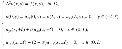 $$\begin{aligned} \left\{ \begin{array}{llllll} \Delta ^{2} u(x,y) = f(x,y) ,\,\,\, in\,\,\,\Omega , \\ \\ u(0,y) = u_{xx}(0, y)=u(L, y) = u_{xx}(L, y) = 0 ,\,\,\, \,\,y\in (-\ell , \ell ),\\ \\ u_{yy}(x, \pm \ell ) + \sigma u_{xx}(x, \pm \ell )= 0, \,\, \,\,x\in \, (0,L), \\ \\ u_{yyy}(x, \pm \ell ) + (2-\sigma )u_{xxy}(x, \pm \ell ) = 0, \,\, \,\,x\in \, (0,L).\\ \end{array} \right. \end{aligned}$$