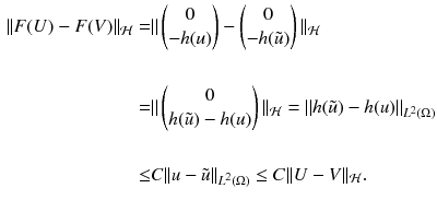 $$\begin{aligned} \nonumber \Vert F(U)- F(V)\Vert _{\mathcal {H}}= & {} \Vert \begin{pmatrix} 0\\ -h(u) \end{pmatrix}-\begin{pmatrix} 0\\ -h(\tilde{u}) \end{pmatrix}\Vert _{\mathcal {H}}\\ \nonumber \\ \nonumber= & {} \Vert \begin{pmatrix} 0\\ h(\tilde{u})-h(u) \end{pmatrix} \Vert _{\mathcal {H}} = \Vert h(\tilde{u})-h(u)\Vert _{L^2(\Omega )}\\ \nonumber \\ \nonumber\le & {} C\Vert u-\tilde{u}\Vert _{L^2(\Omega )}\le C\Vert U-V\Vert _{\mathcal {H}}. \end{aligned}$$