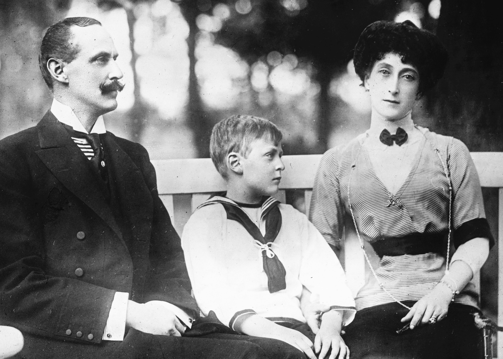 King Haakon VII with his wife, Queen Maud, and son, Crown Prince Olav.