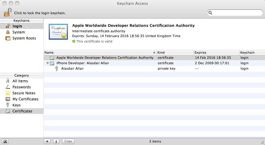 The Keychain Access application showing the newly installed certificates necessary for Xcode to sign your binaries and deploy them onto your iPhone