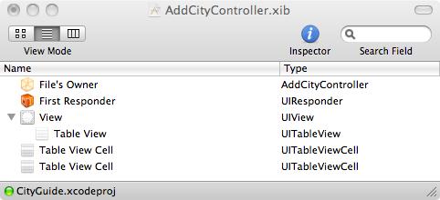 The main AddCityController NIB window in list view mode